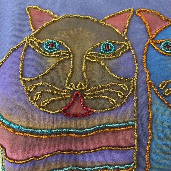 Laurel Burch Vintage Beaded Cat T-Shirt Blue Purple Whisker Cat Made in Bali - Picture 7 of 8